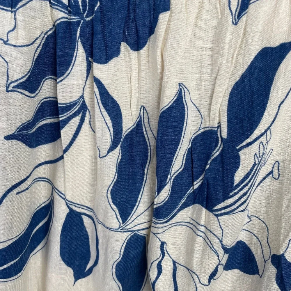 MSK Blue Tropical Leaf Print Tiered Maxi Dress Linen Blend Tie Front Pockets M - Picture 5 of 9